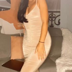 Gold silky ruched bodycon midi dress